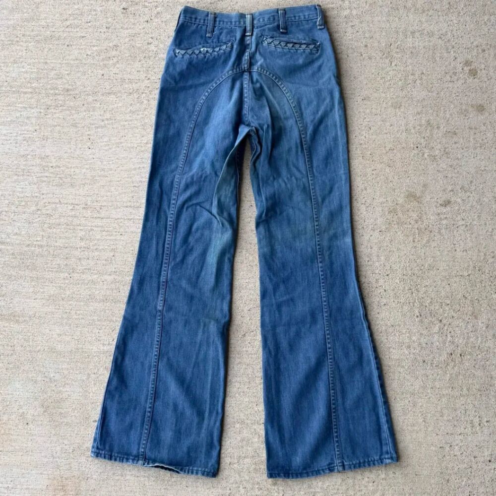 Vtg 70s Wrangler High Waist Braided Pocket Bell Bottom Flare Jeans Talon 42